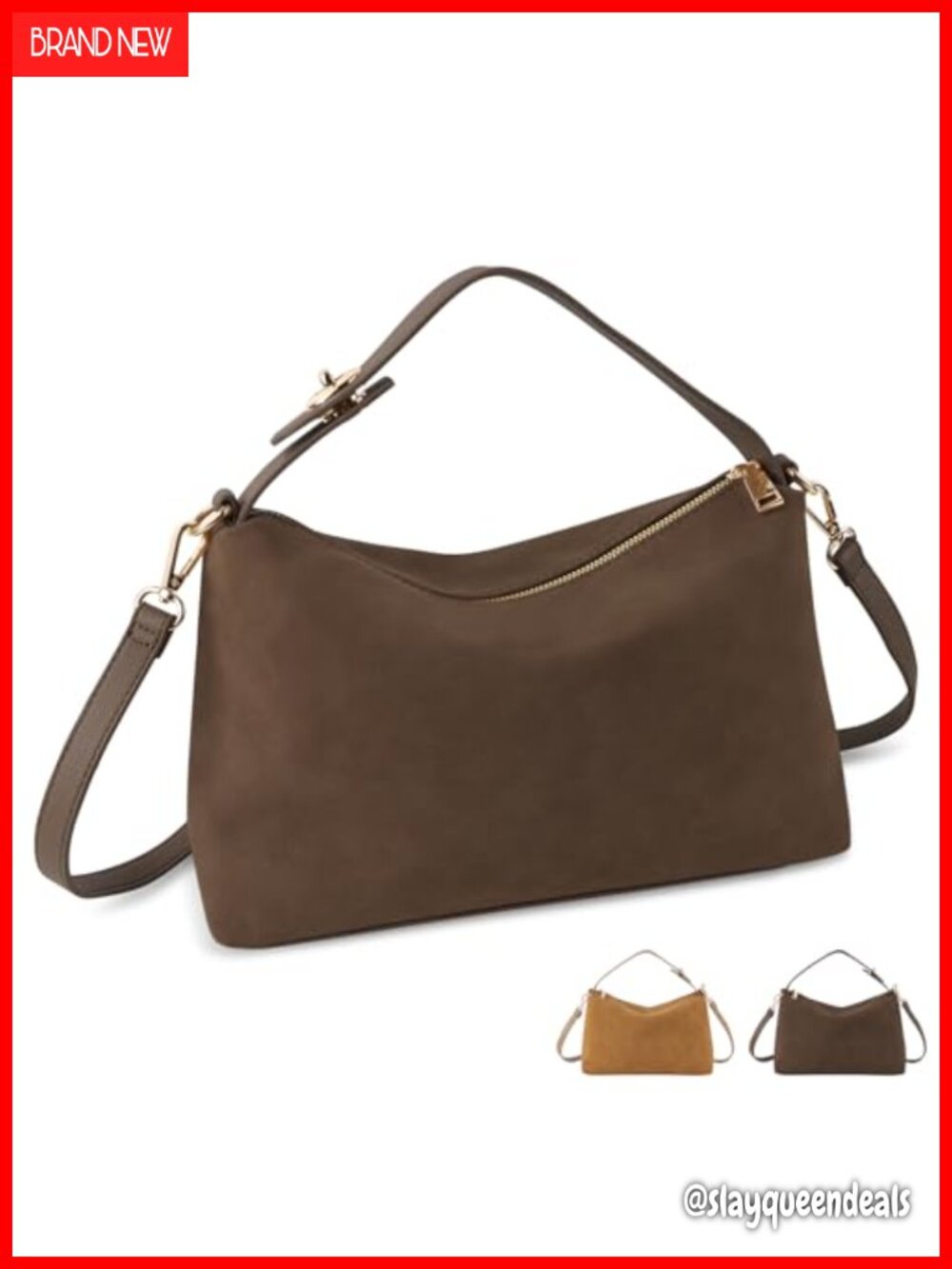 Women's Suede Leather Hobo Shoulder Bag, Adjustable Strap, Brown